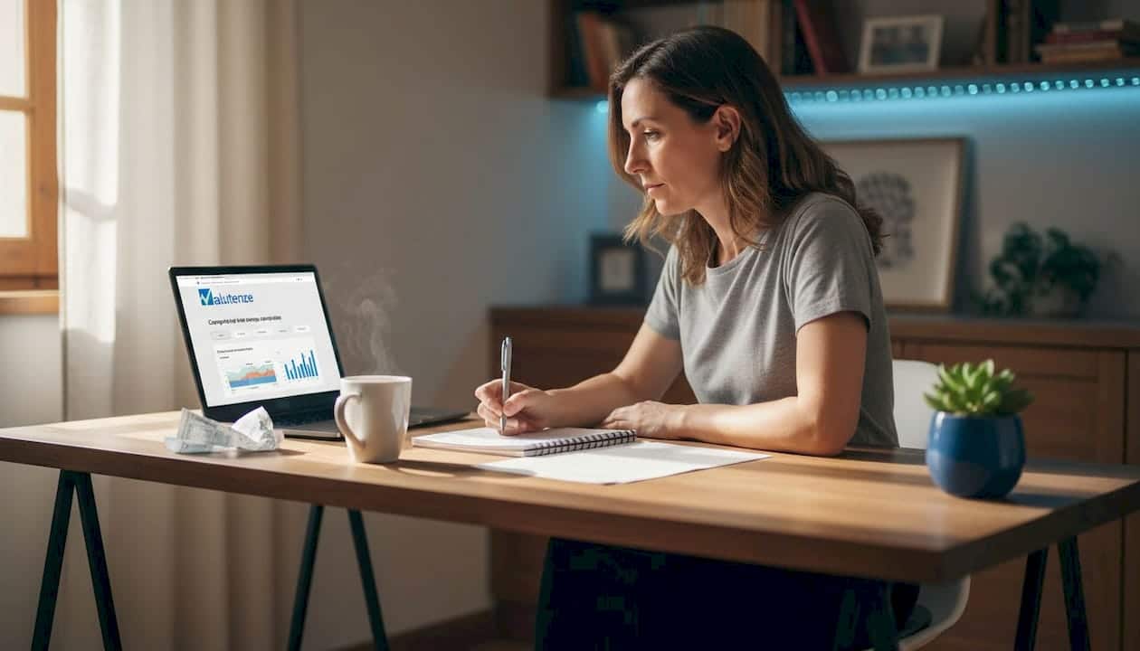 Una donna confronta le tariffe dell’energia elettrica al computer mentre si trova in cucina.
