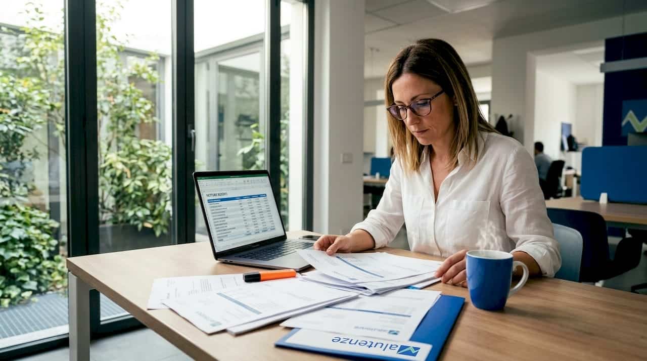 Imprenditrice di una piccola azienda alle prese con la verifica delle spese seduta alla scrivania