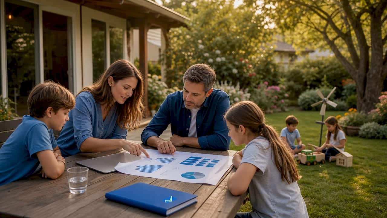 Una famiglia riunita attorno al tavolo, che esamina insieme i dati sul consumo energetico sostenibile.