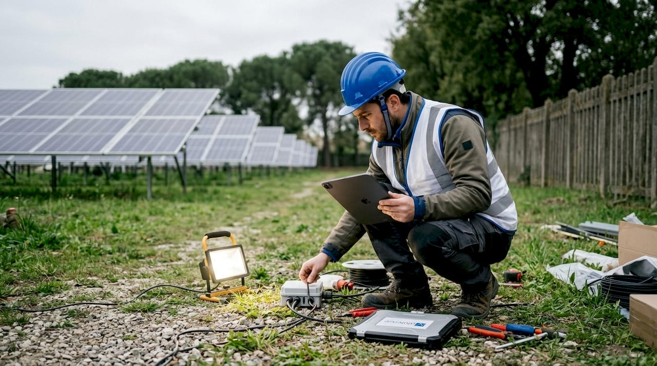 Tecnico al lavoro sui pannelli solari installati sul tetto dell’azienda