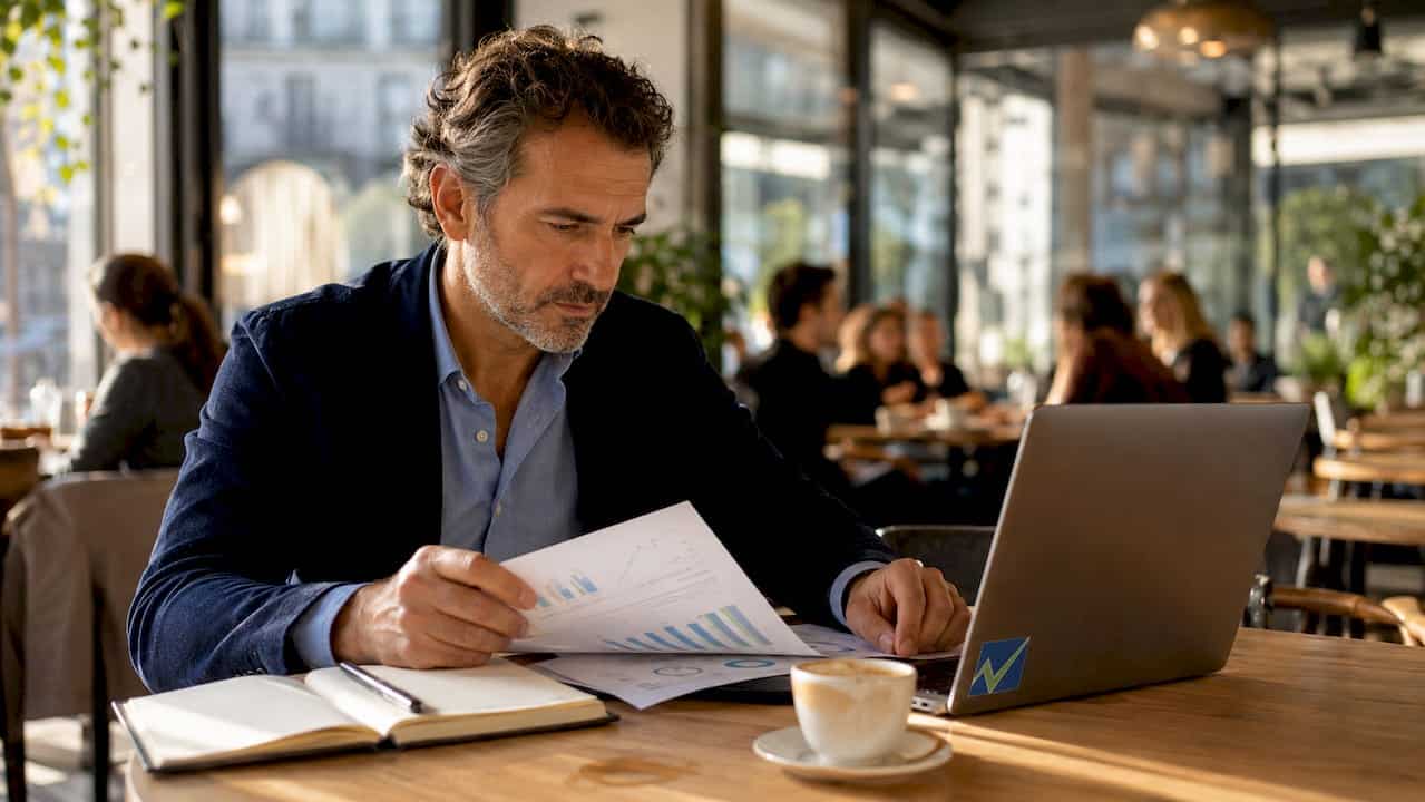 Imprenditore italiano alle prese con l’analisi di documenti relativi all’energia nel suo ufficio moderno