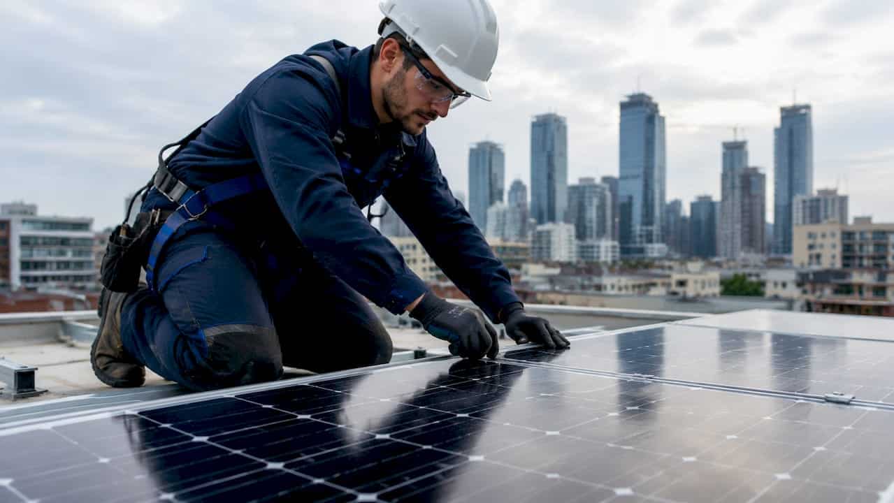 Un tecnico specializzato sta montando pannelli solari sul tetto di una casa.