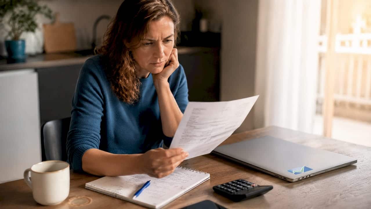 Una donna controlla una fattura elettronica stampata mentre lavora nel suo ufficio di casa.
