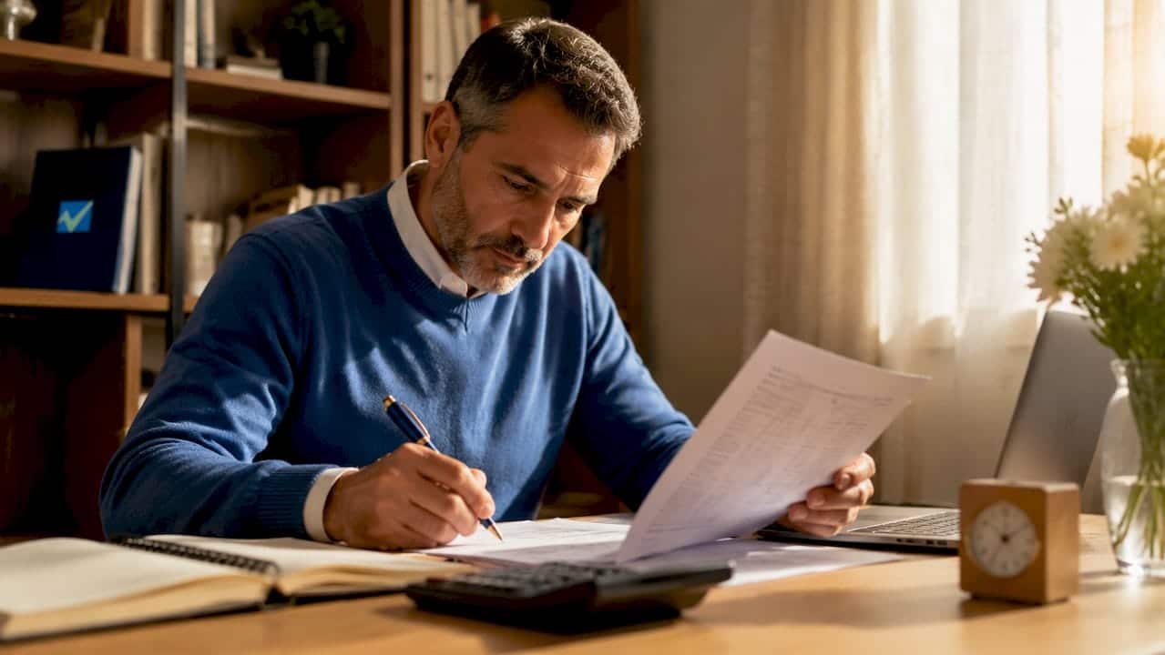 Un uomo seduto al tavolo di casa mentre controlla le pratiche per le detrazioni energetiche.