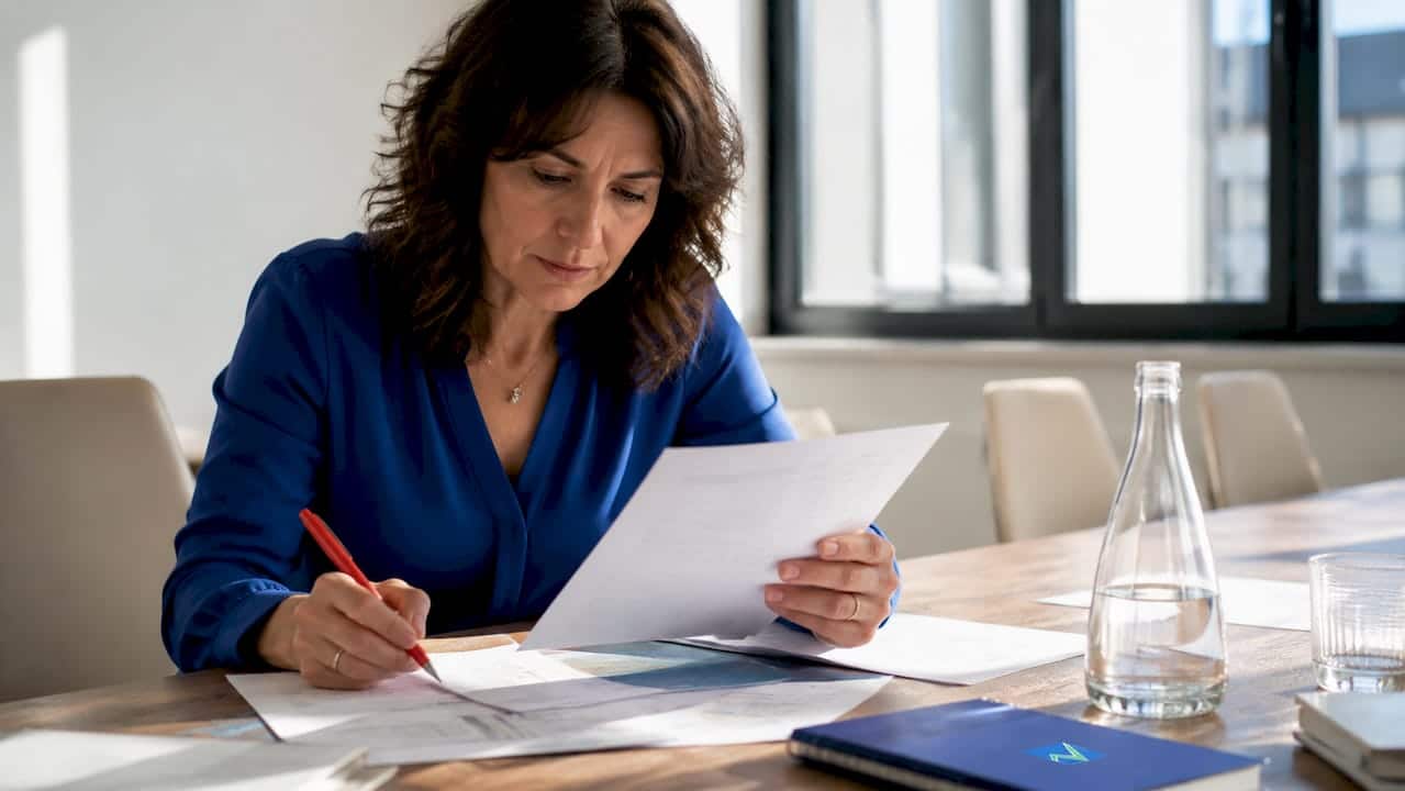 Imprenditrice che controlla le bollette delle utenze nel suo ufficio