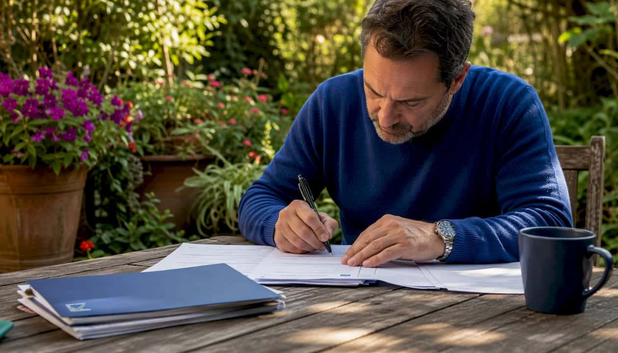 Un uomo seduto al tavolo della cucina sta compilando i documenti per la voltura delle utenze.