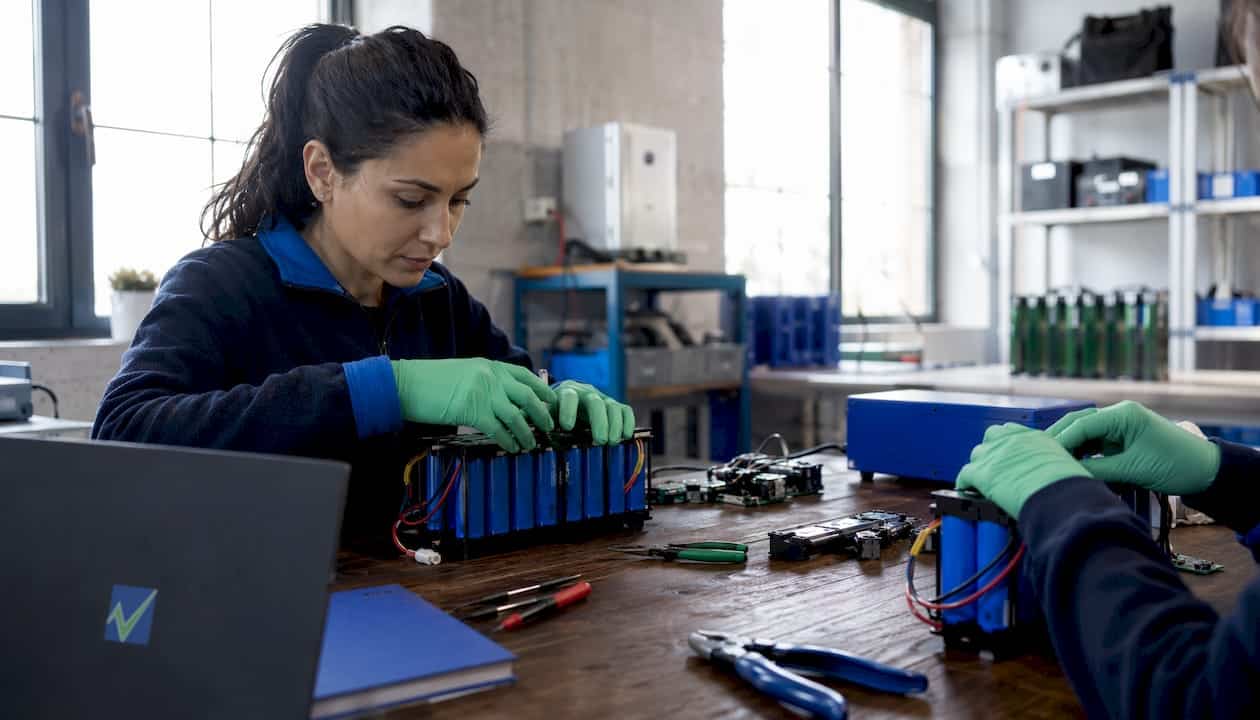 Tecnici al lavoro su batterie al litio nel laboratorio