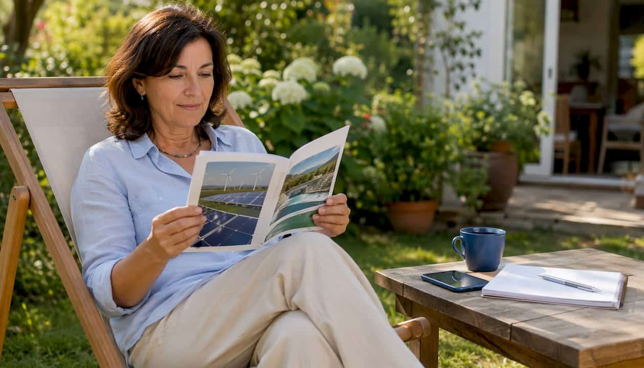 Una donna sfoglia un manuale su come rendere la propria casa più sostenibile grazie all’energia rinnovabile.