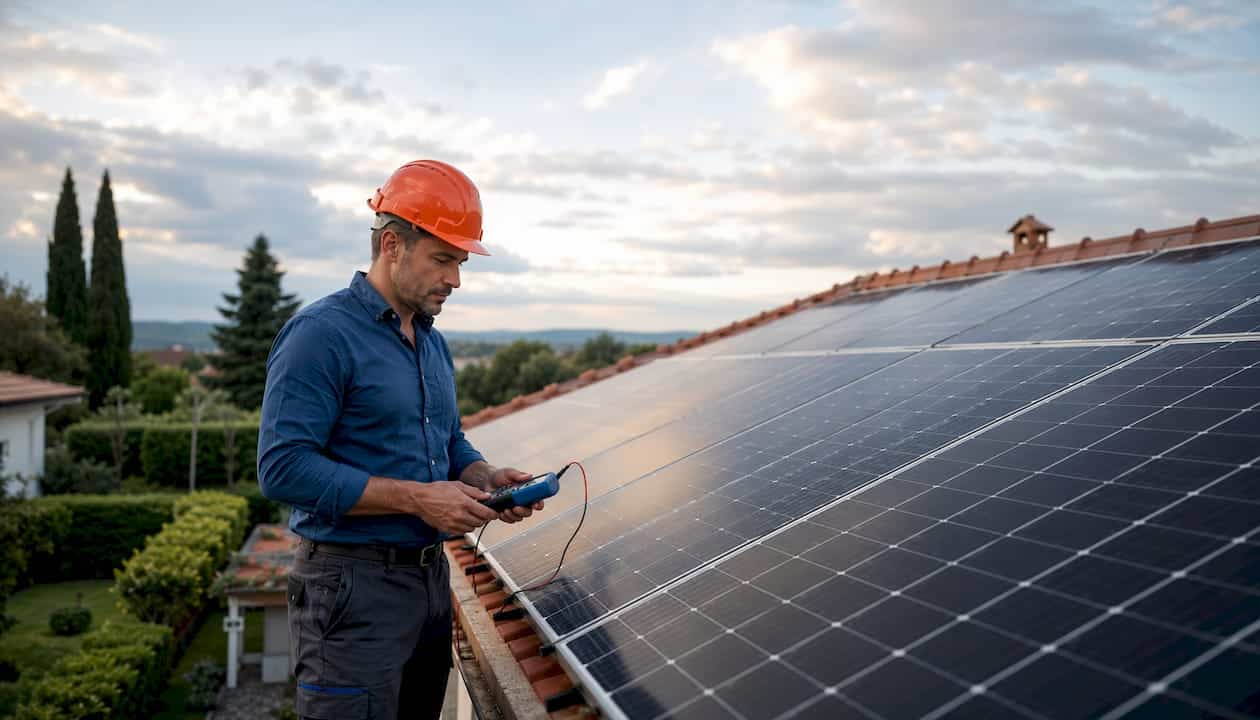 Tecnico specializzato al lavoro sui pannelli solari installati sul tetto dell’azienda