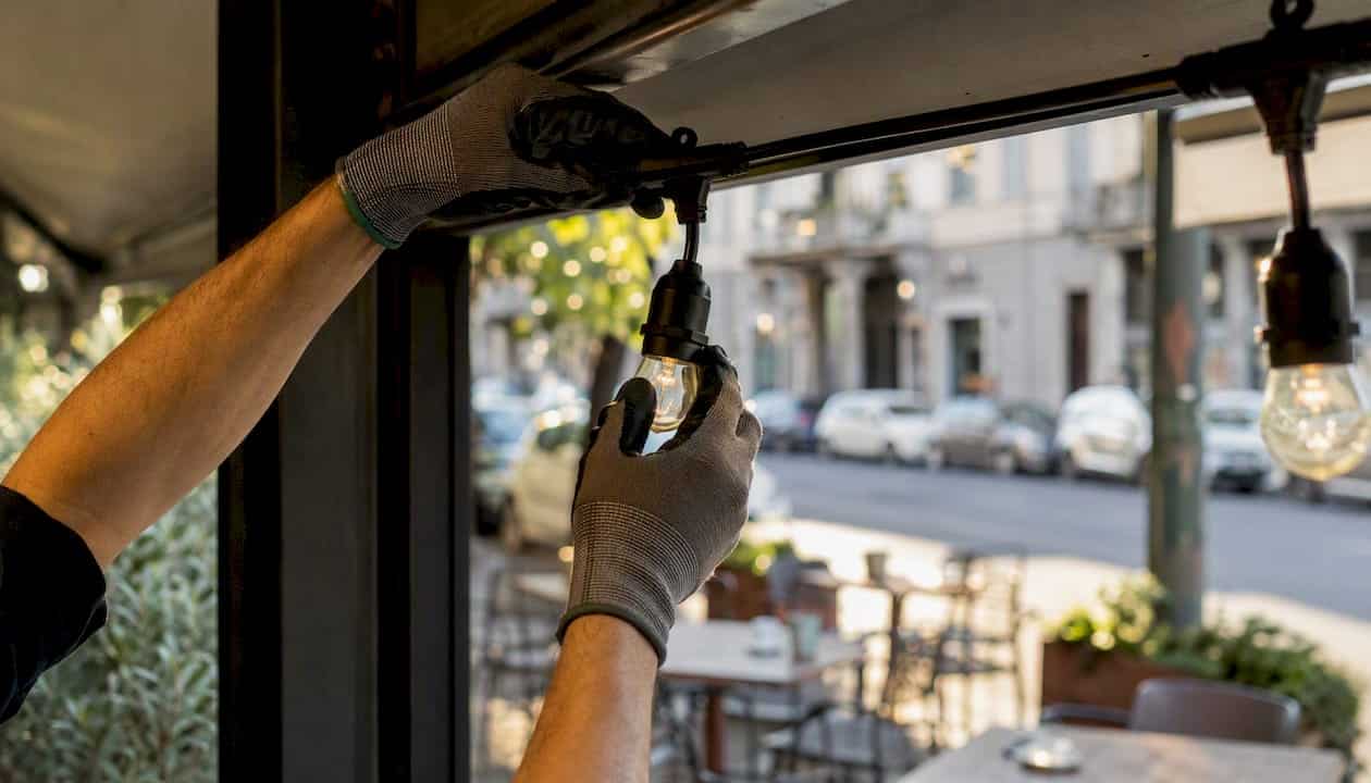 Un tecnico sistema le luci all'esterno di un bar