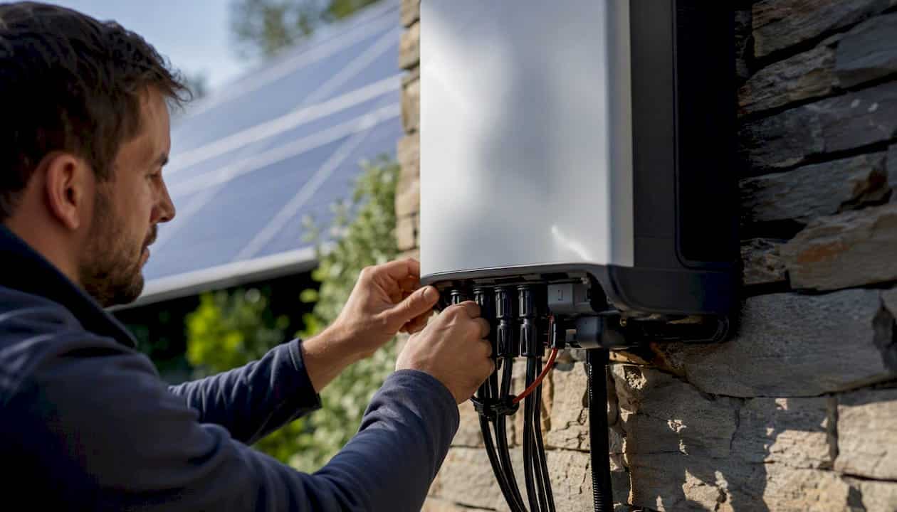 Persone che collegano un sistema di accumulo di energia solare.