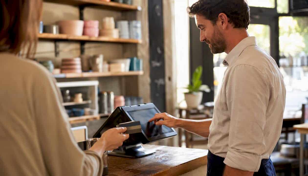 Una mano avvicina la carta al terminale POS American Express per il pagamento contactless.