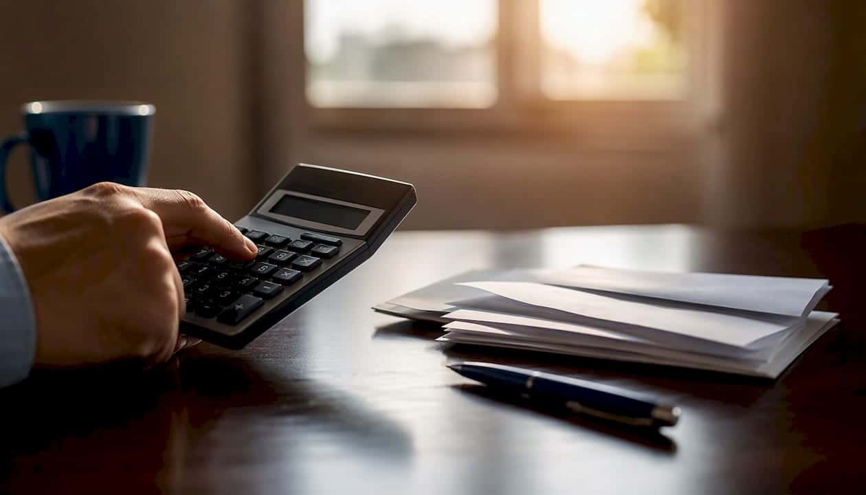Una mano che controlla le bollette energetiche sulla scrivania con la calcolatrice