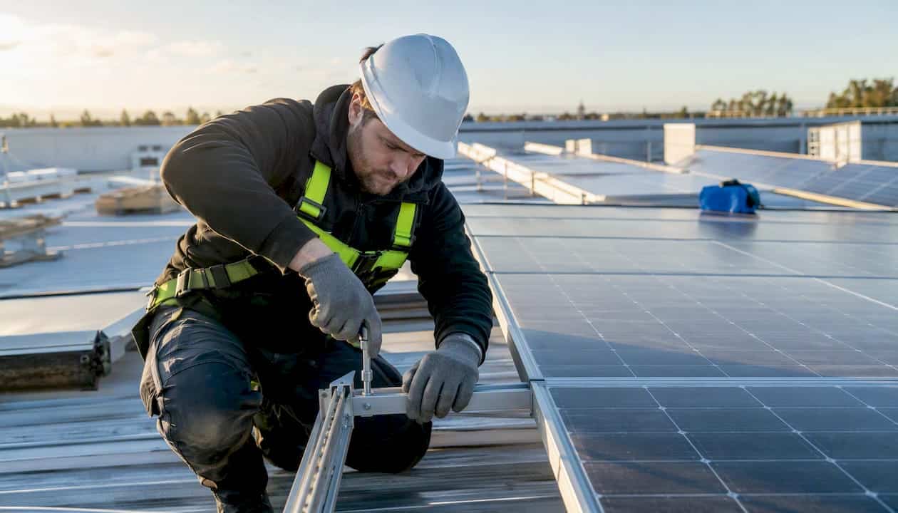 Un tecnico al lavoro per posare un pannello solare sul tetto di un’azienda.
