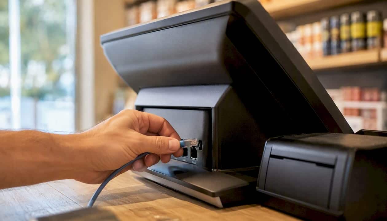 Una mano collega il cavo Ethernet al terminale POS.