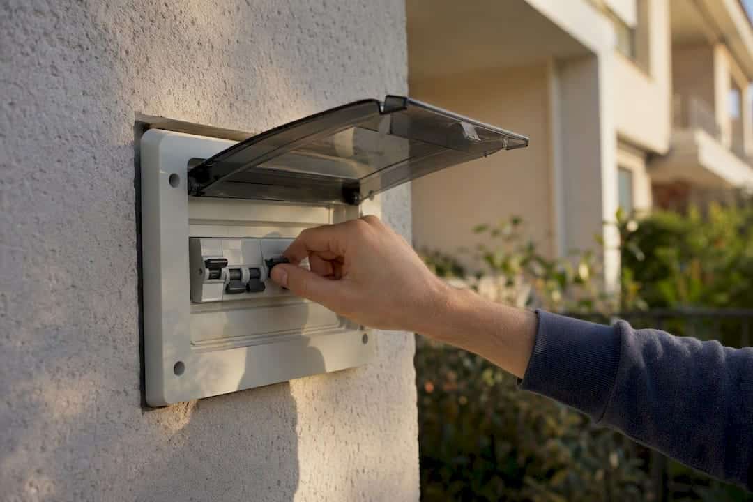 Mano che spegne l'interruttore generale della corrente elettrica in casa