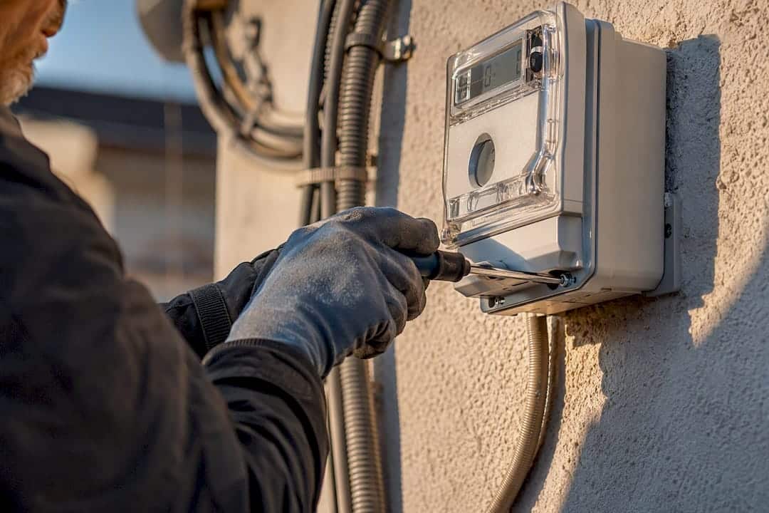 Tecnico che installa un contatore elettrico all'aperto