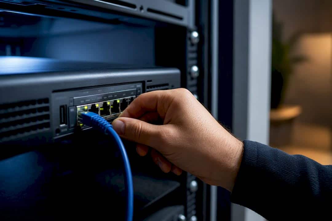 Primo piano di un router aziendale con porta di rete
