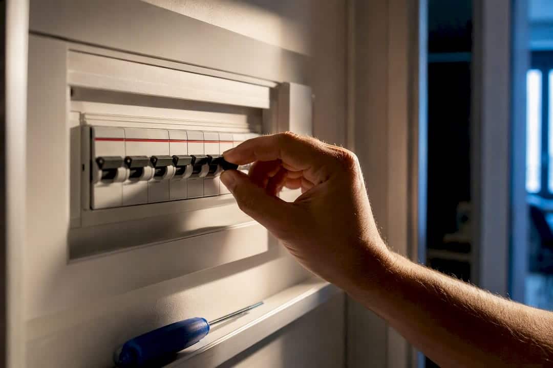 Mano che spegne il quadro elettrico domestico