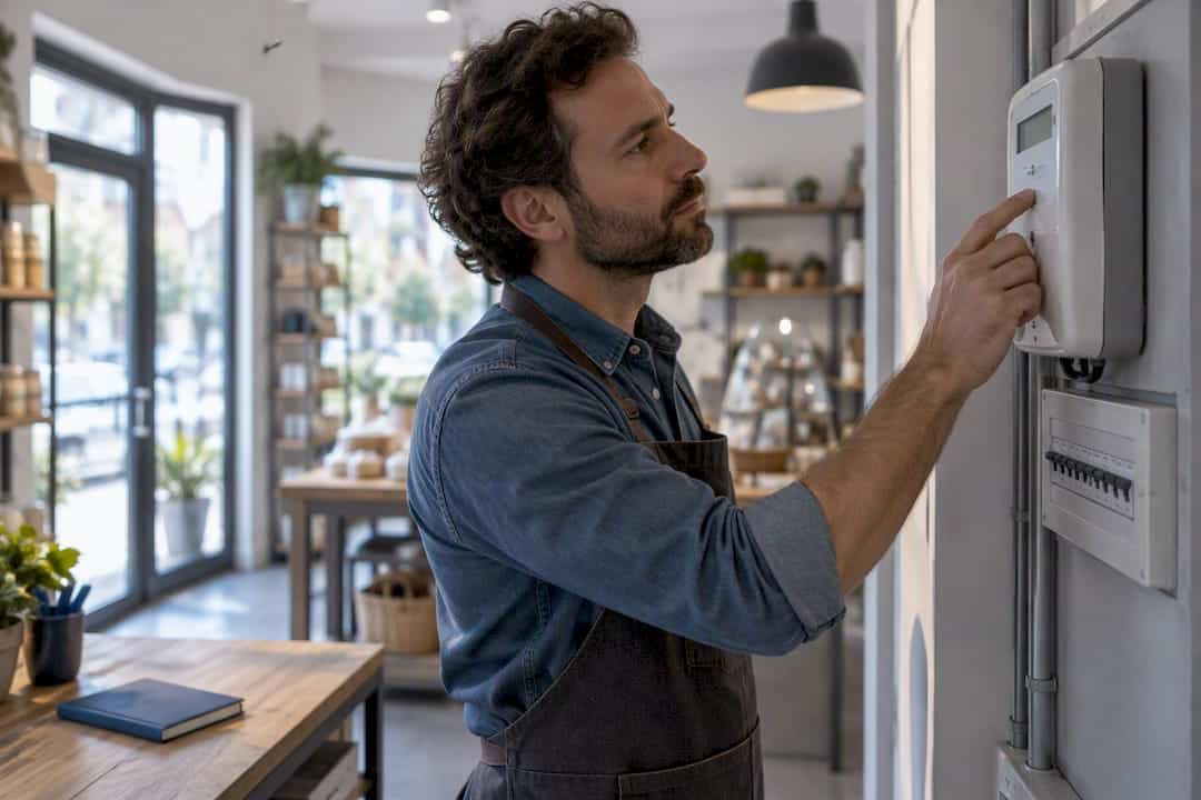 Il titolare di una microimpresa controlla i consumi elettrici