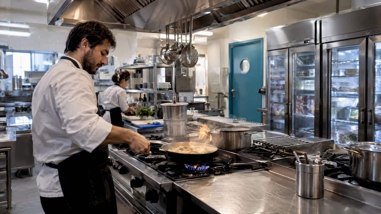 Cucina professionale completa di fornelli e frigoriferi